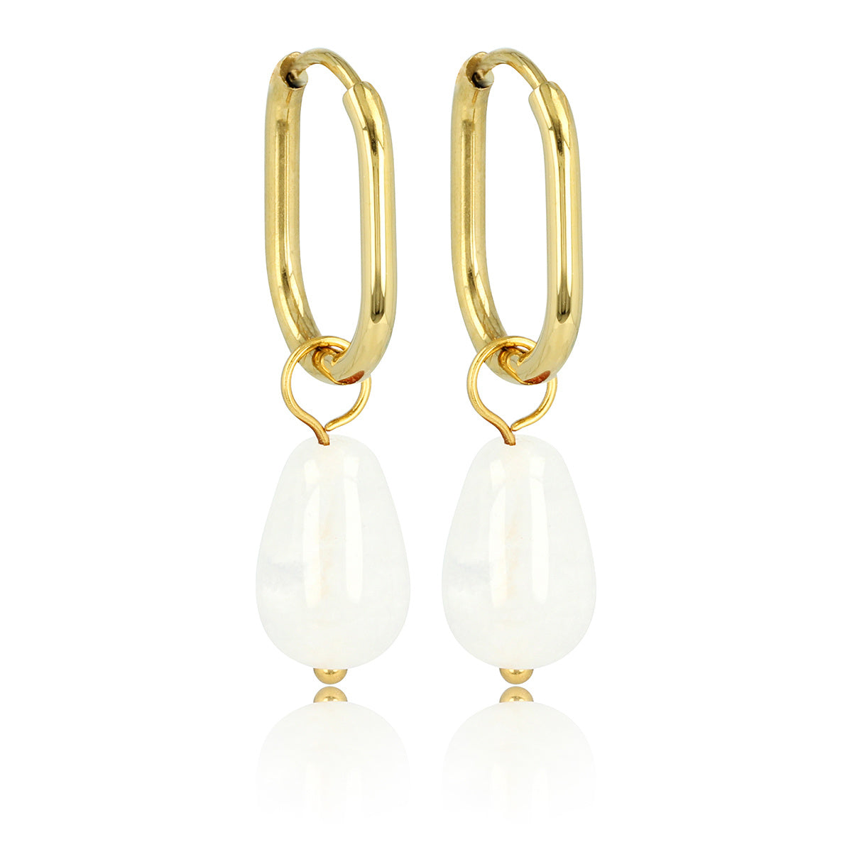 Golden Oval Earrings with Pear-Shaped White Quartz Pendant