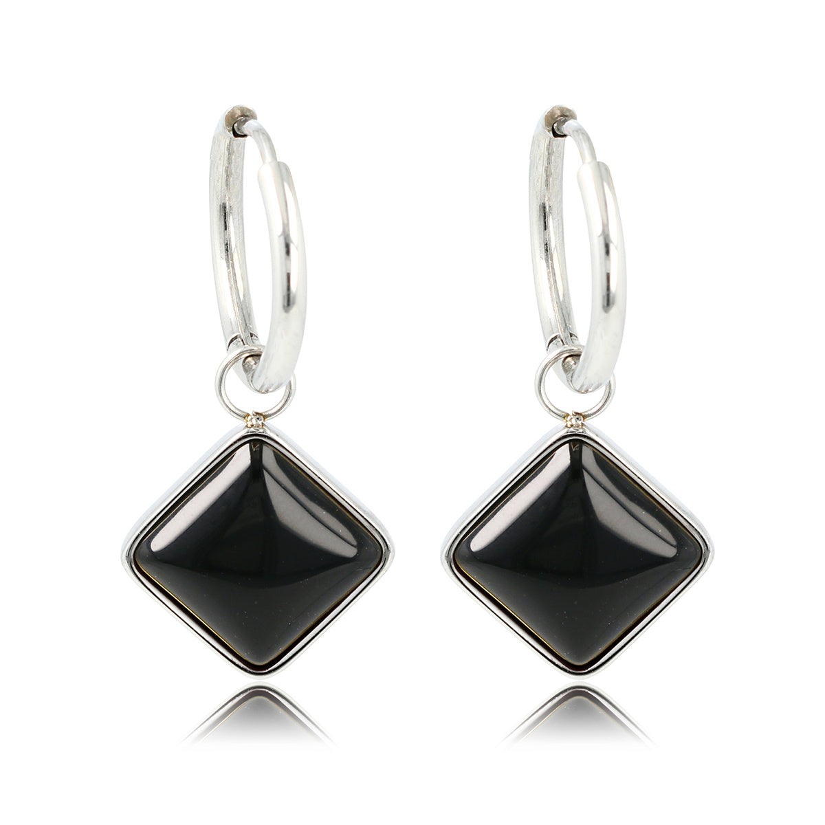 Zilveren Ronde Oorring met Onyx Ruiten Hanger