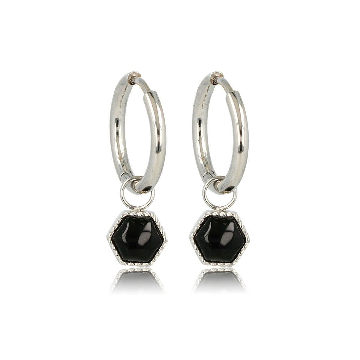 Silberne sechseckige Ohrringe mit Onyx-Magie