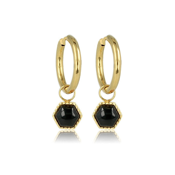 Hexagonal Onyx Earrings in Gold