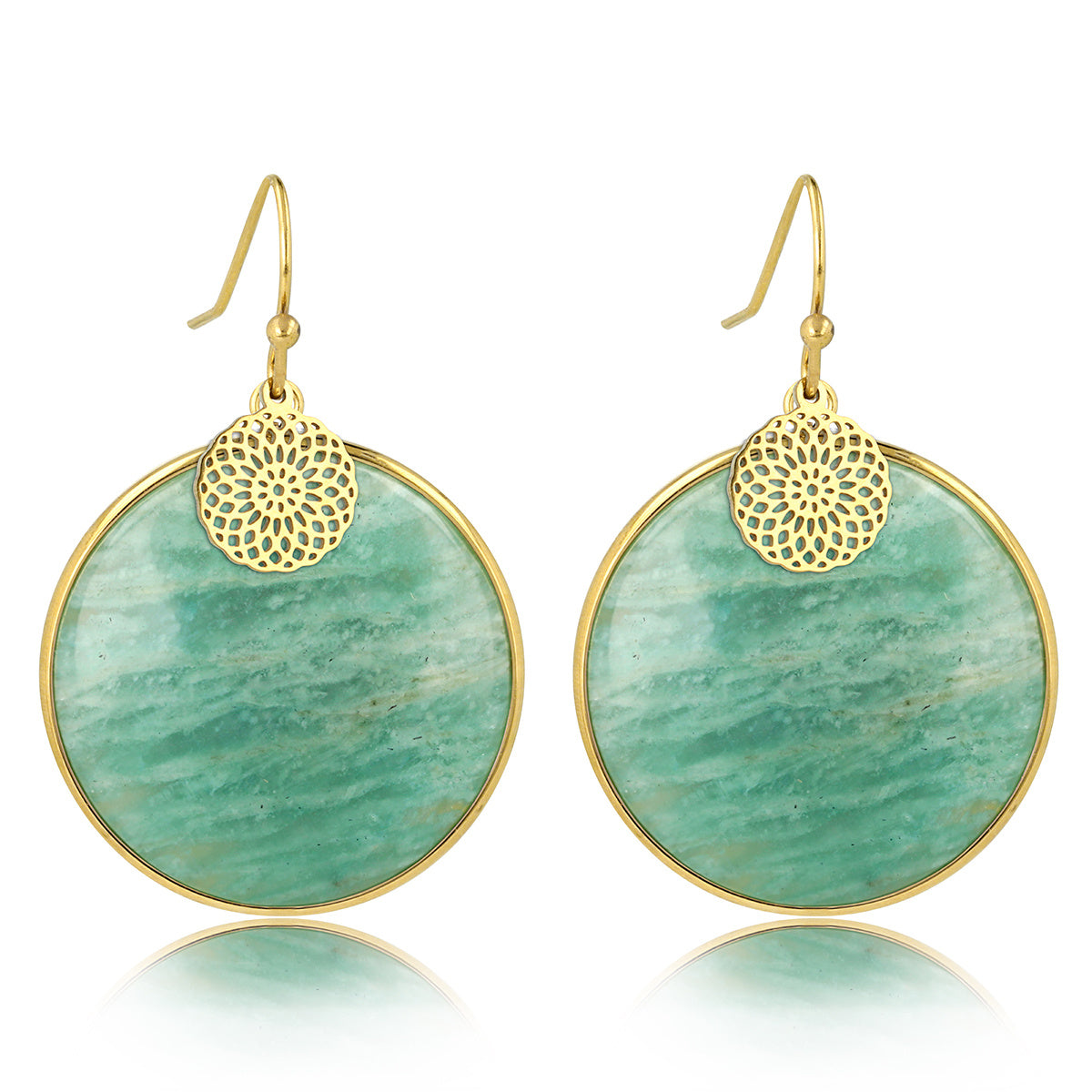 Amazonite oorbel met gouden bloem 40mm - Unieke Elegantie
