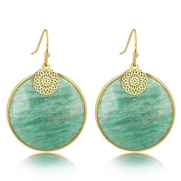 Amazonite oorbel met gouden bloem 40mm - Unieke Elegantie