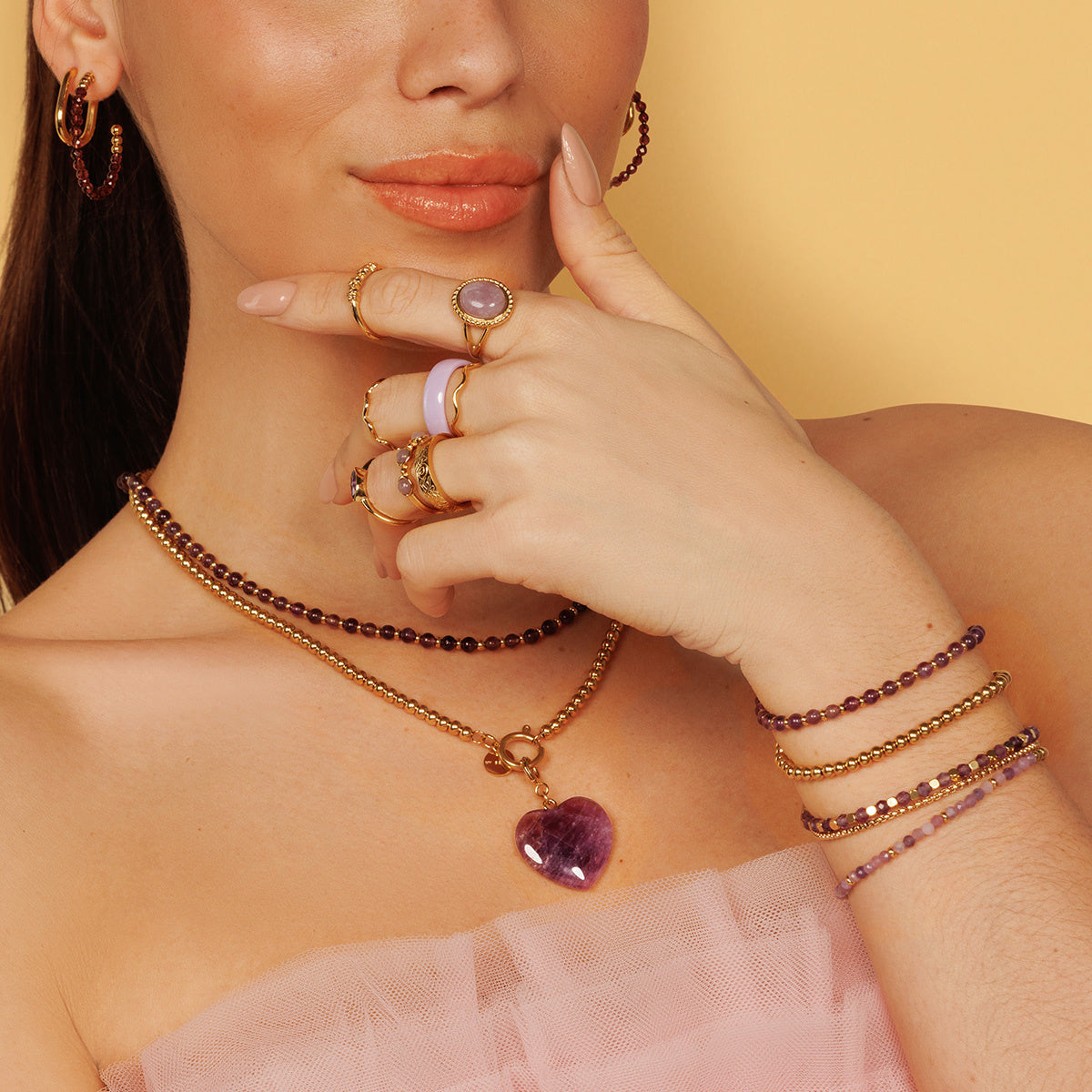 Gouden Lange Ketting met Amethyst Kralen