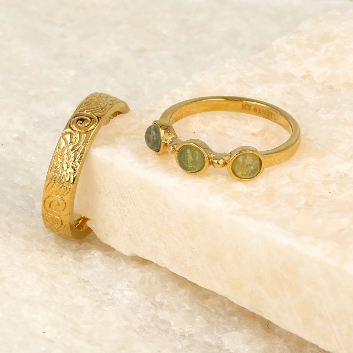 Gold ring - three Green Fluorite gemstones