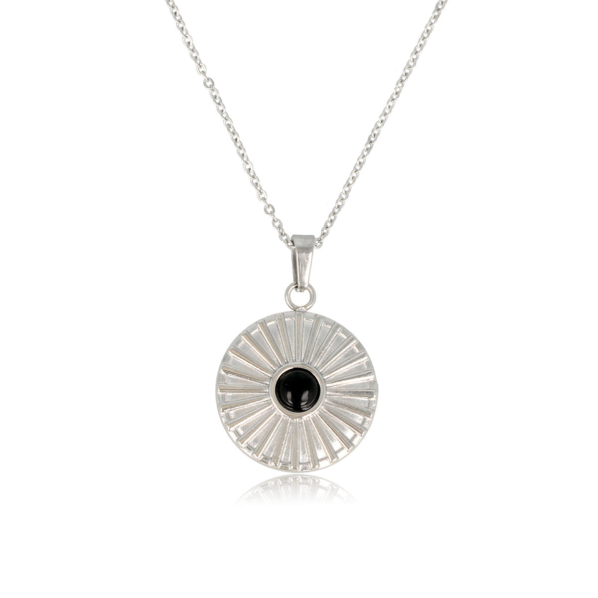Silver Onyx Sun Charms Necklace - Fine Link Chain