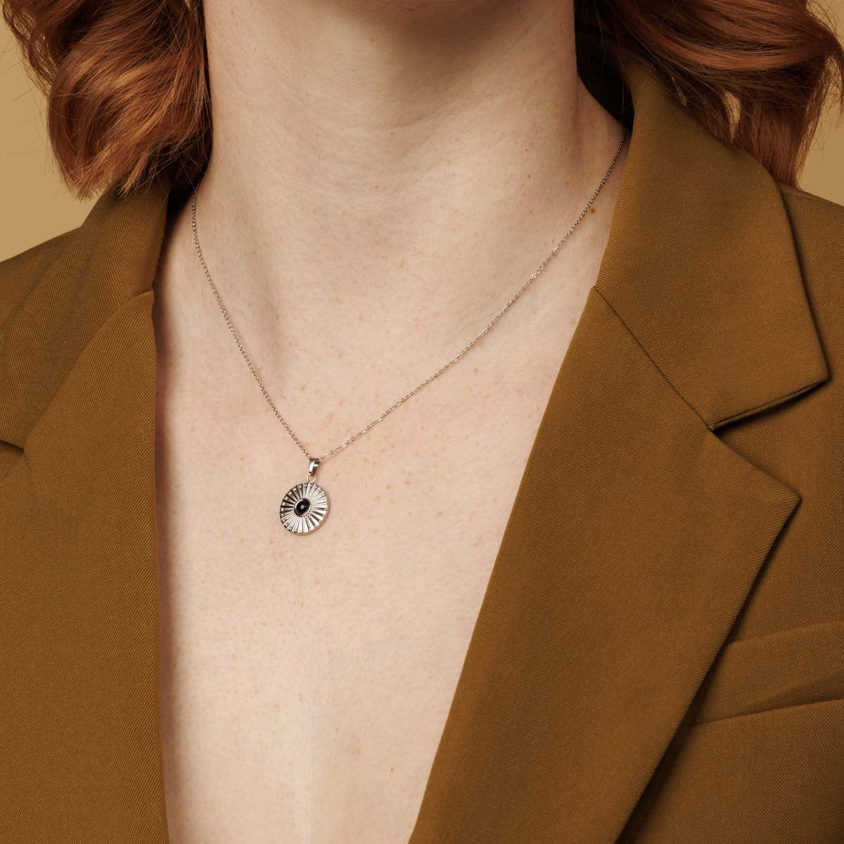 Silver Onyx Sun Charms Necklace - Fine Link Chain
