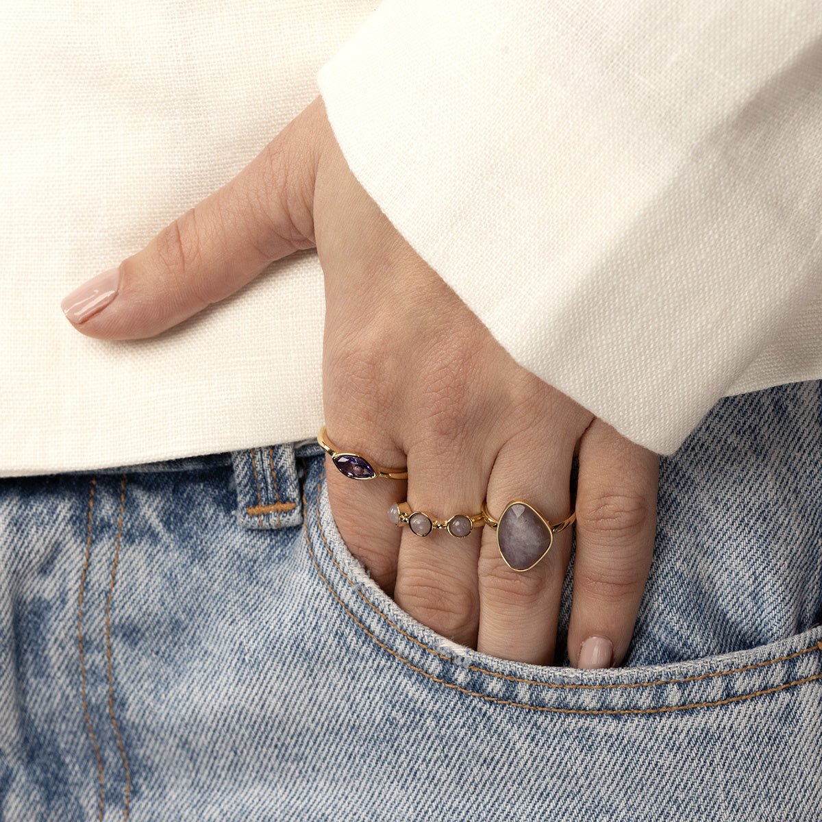 Gouden ring - Drie Lilac Quartz edelstenen - Tijdloze eyecatcher - My Bendel