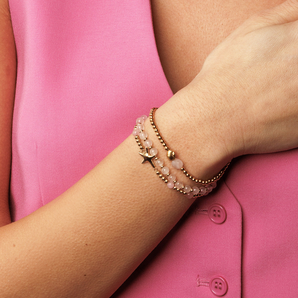 Golden Starfish Bracelet with Rose Quartz Gemstones