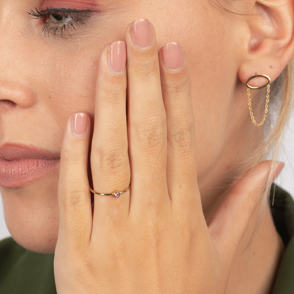Gold stacking ring - pink zirconia - Stainless steel minimalist
