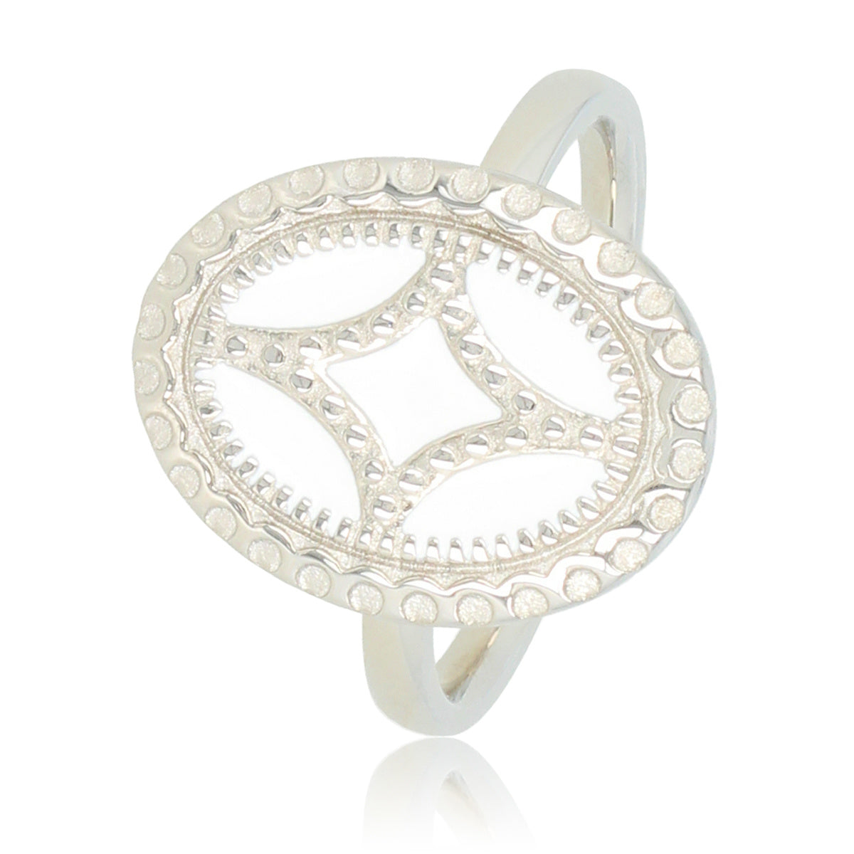 Vintage silver ring - white inlay - epoxy and stainless steel