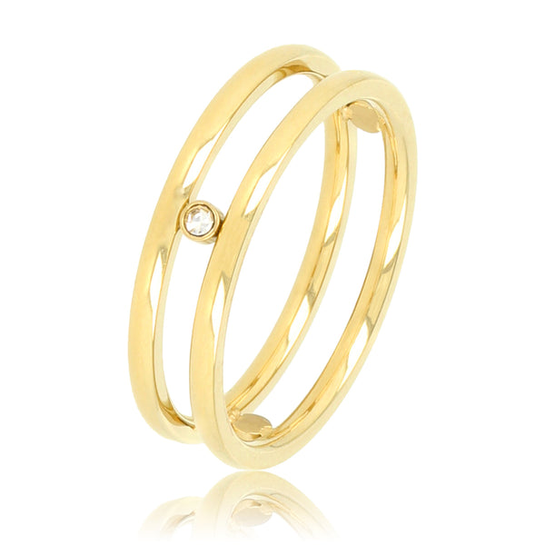 Gouden dubbele ring - 3 zirkonia stenen - 14K goldplating