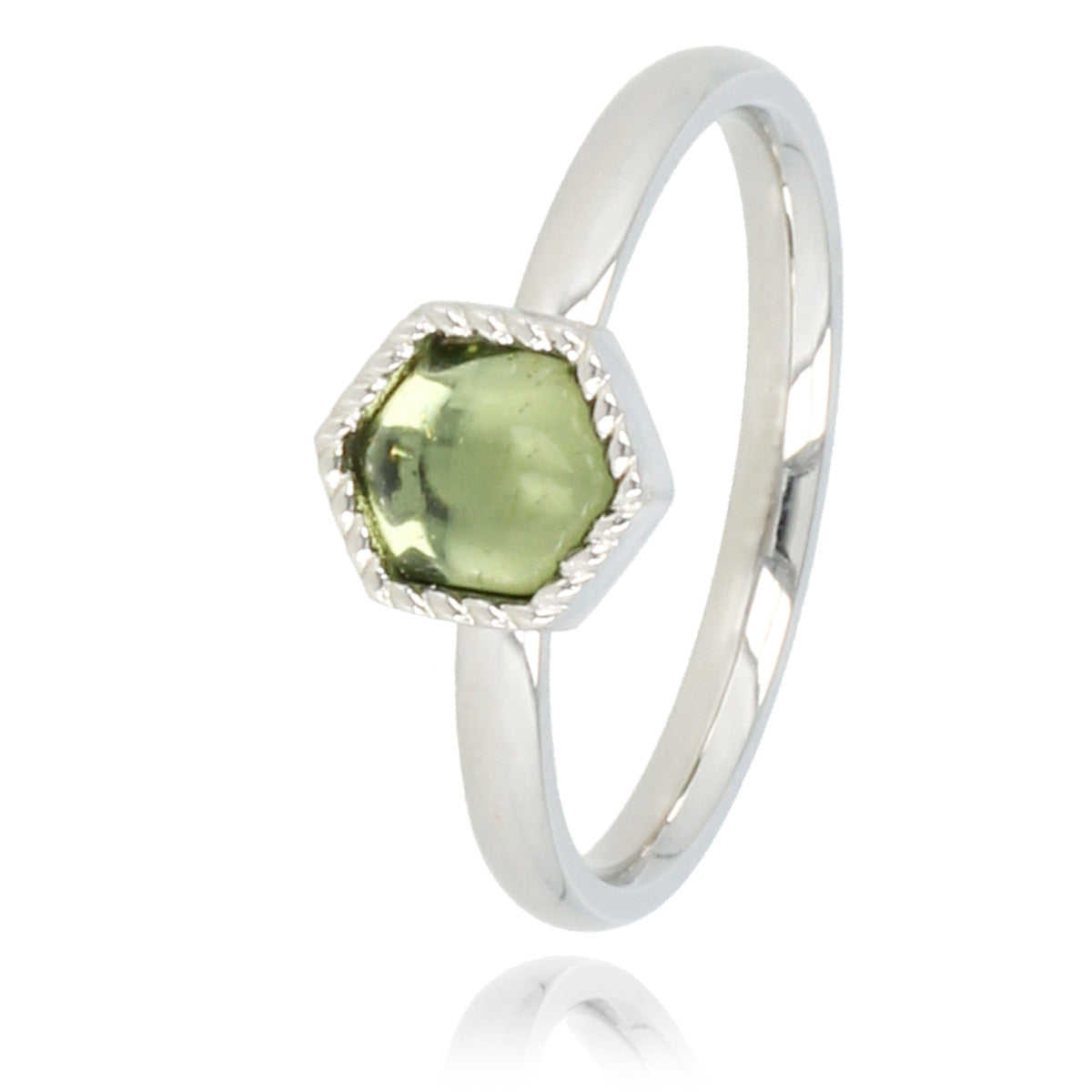 Silberner Ring - sechseckige Form - grüner Glasstein