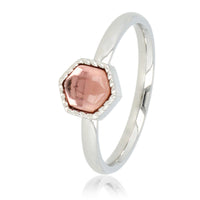 Silver ring - hexagon - dark pink glass stone