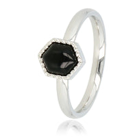 Zilveren ring - zeshoek - zwarte glassteen - vintage look