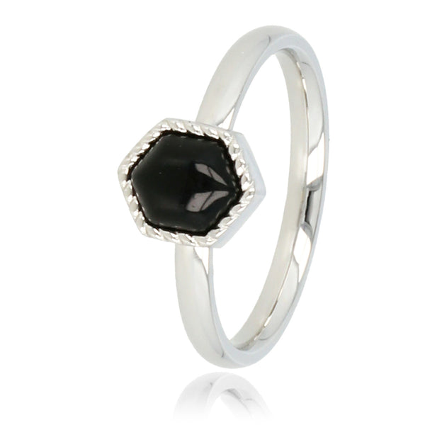 Zilveren ring - zeshoek - zwarte glassteen - vintage look