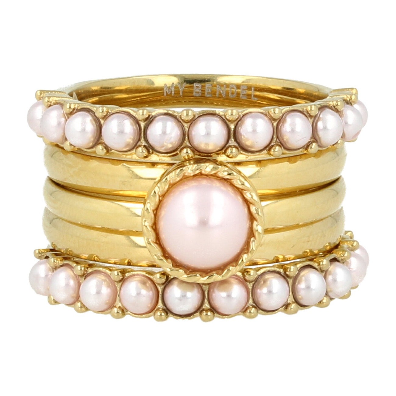 Gouden ringenset met roze parels: 5 ringen, tijdloze schoonheid en vrouwelijkheid. Inclusief 1 jaar garantie.