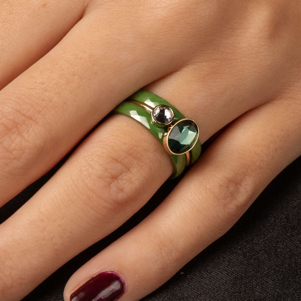 Groene keramiek ringenset - met zirkonia en kristallen