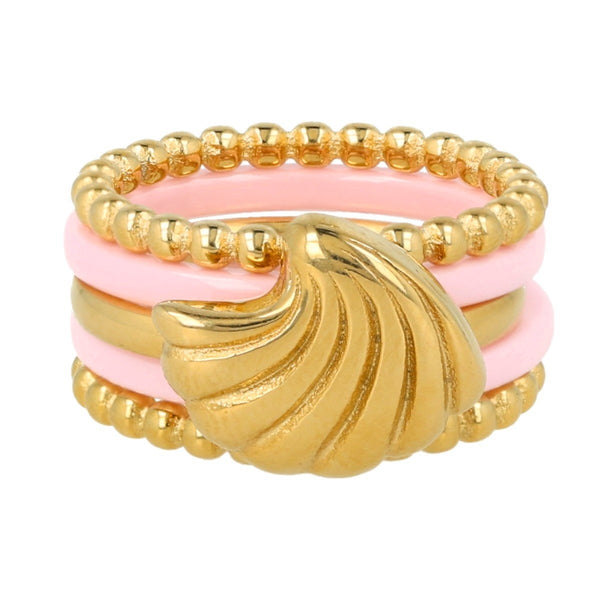 Ringenset: roze keramiek, gouden bolletjes, schelp. 5 ringen voor unieke stijl. Inclusief 1 jaar garantie.