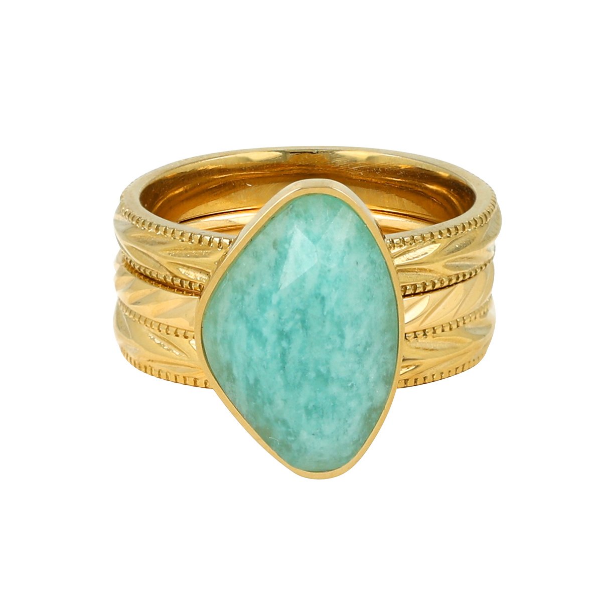 Gouden ringenset met bladmotief en Amazonite edelsteen. Inclusief 2 aanschuifringen. 1 jaar garantie.