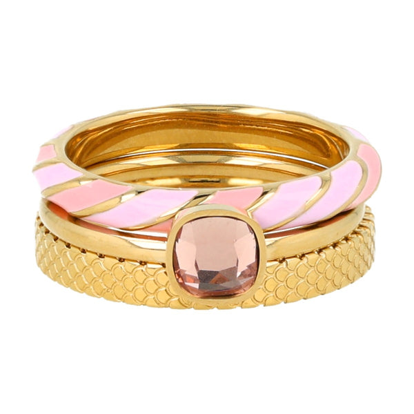 Ringenset - gestreepte epoxy - roze glassteen - slangenprint