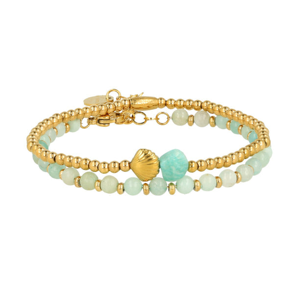 Gouden armbanden set met Amazonite en zeeschelpen