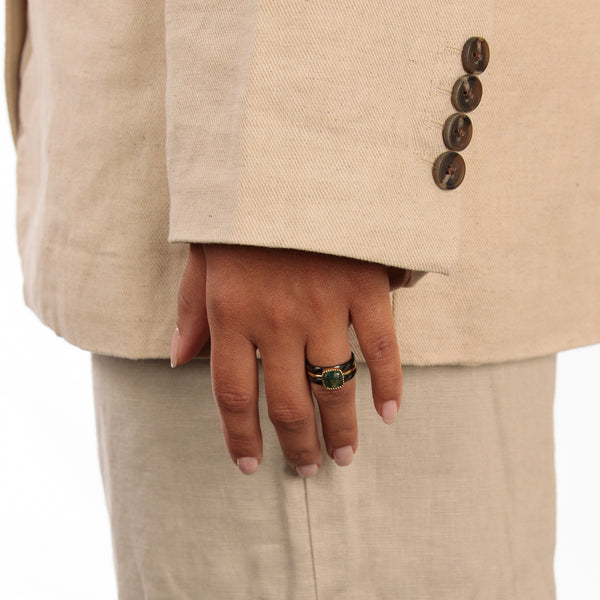 Ringenset met Moss Agate - Goudkleurig en zwart keramiek