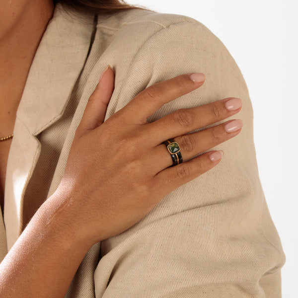 Ringenset met Moss Agate - Goudkleurig en zwart keramiek