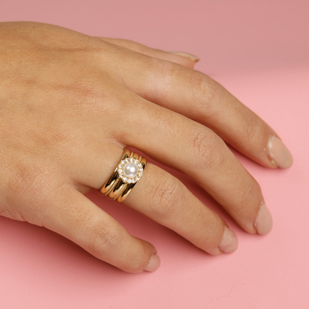 Goldener Ringset - weiße Perle - Zirkonia - Stardust Ringe
