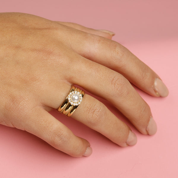 Gouden ringenset - witte parel - zirkonia - stardust ringen