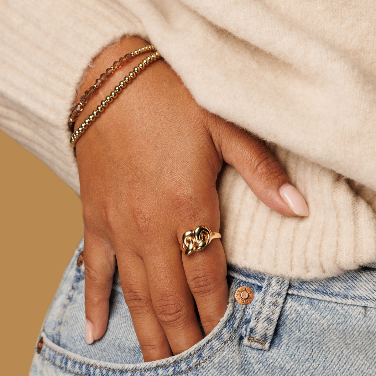 Gouden schakel ring - Brede chique dames ring - Stainless steel
