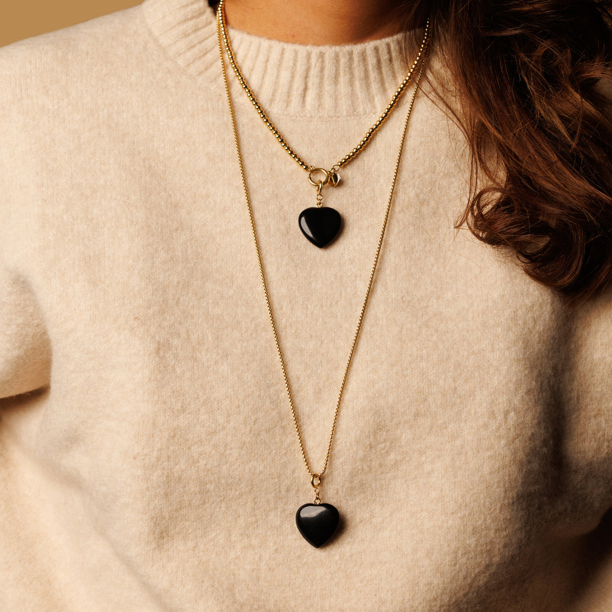 Goldene Gliederkette Damen mit Onyx Herz - 47 cm