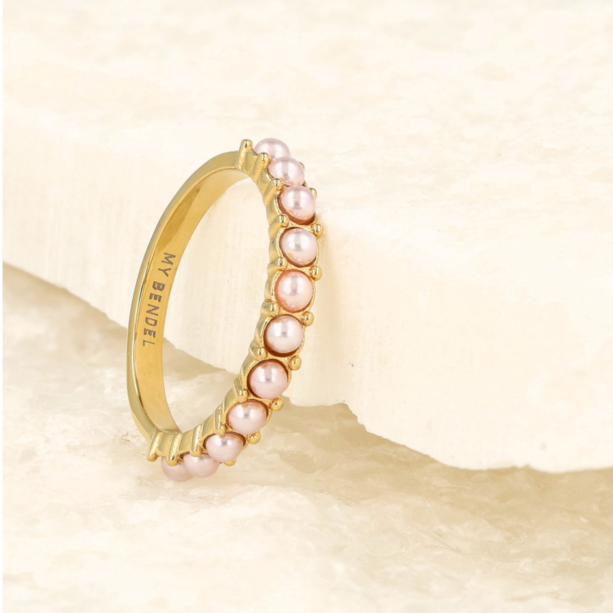 Golden stacking ring - small pink pearls - timeless elegance