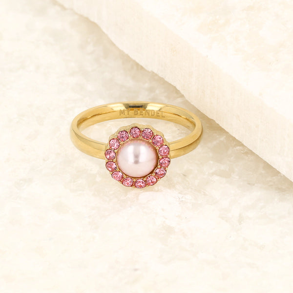 Gouden ring - roze parel - zirkonia steentjes