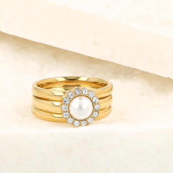 Gouden ringen set - 1x witte parel en zirkonia steentjes - 2x aanschuifring