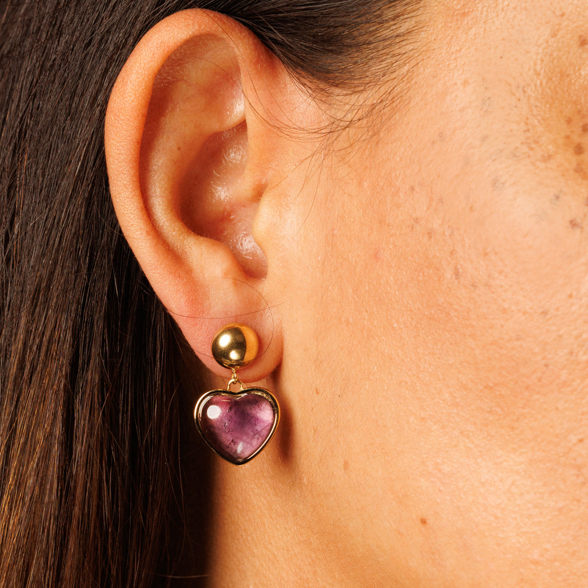 Heart-shaped Gold Stud Earrings with Amethyst Heart