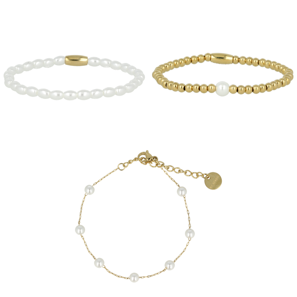 Stijlvolle zomerset: 2 elastische kralenarmbanden en 1 verstelbare armband. Witte parels bieden bescherming en verlichten angst. # SET210