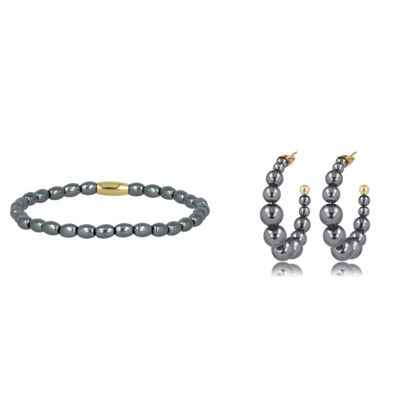 Gouden Elegantie: Zwarte Parel Armband & Oorbellen Set