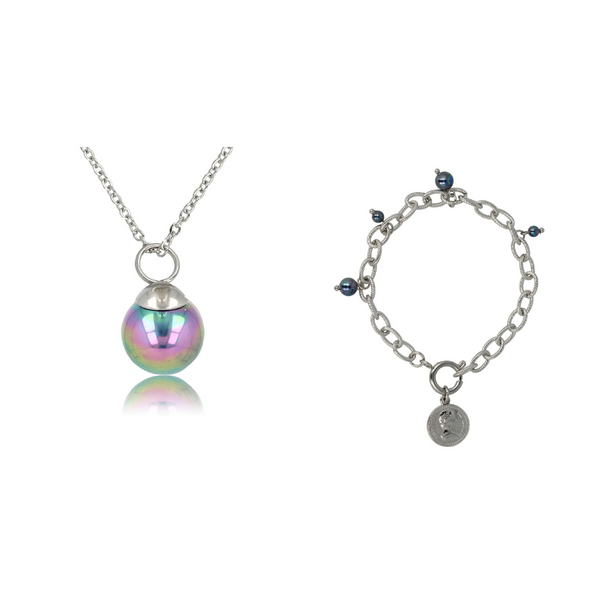 Zilveren ketting en armband met zwarte parel, symbool van rijkdom. Elegantie en stijl in één set. My Bendel.