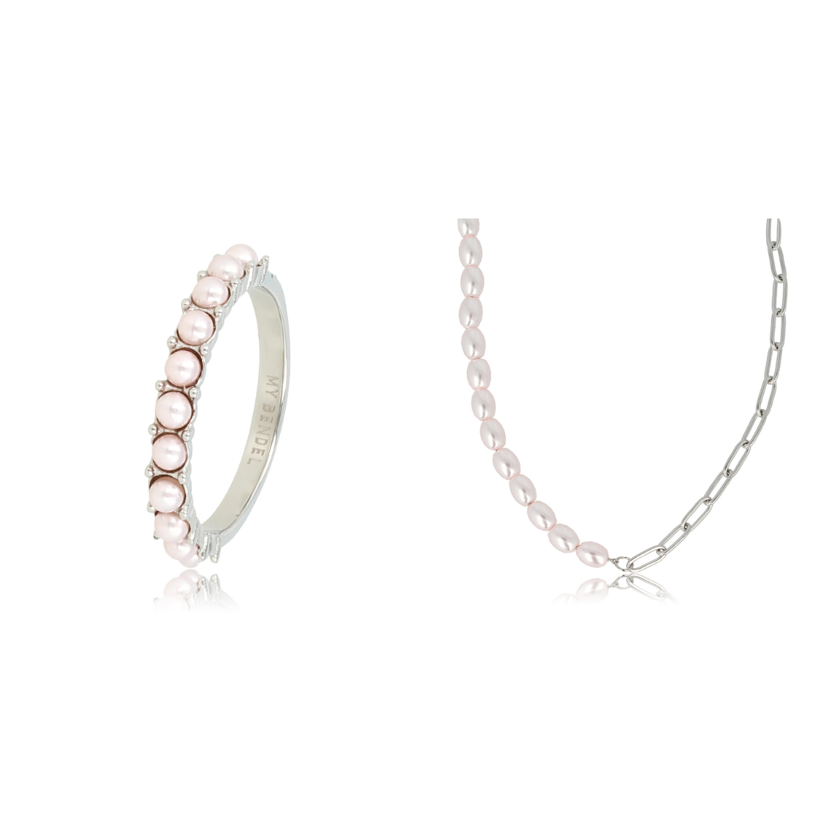 Zilveren vintage ring en ketting met roze parel, symbool voor liefde en vriendschap. Ontdek de elegantie van My Bendel.