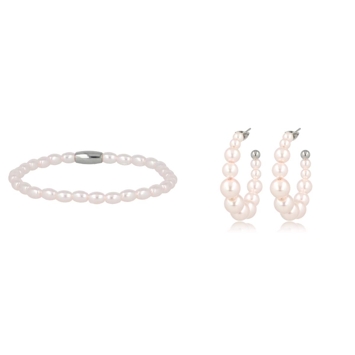 Stijlvolle Zilveren Set: Elastische Armband & Oorbellen met Roze Parel, Nikkelvrij Stainless Steel. Ontdek de Elegantie - My Bendel