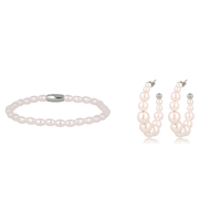Stijlvolle Zilveren Set: Elastische Armband & Oorbellen met Roze Parel, Nikkelvrij Stainless Steel. Ontdek de Elegantie - My Bendel