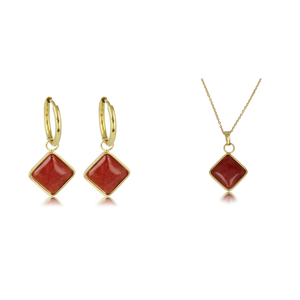 Stijlvolle Gouden Set met Red Aventurine: Nikkelvrij Stainless Steel Elegantie - Ontdek Nu bij My Bendel!