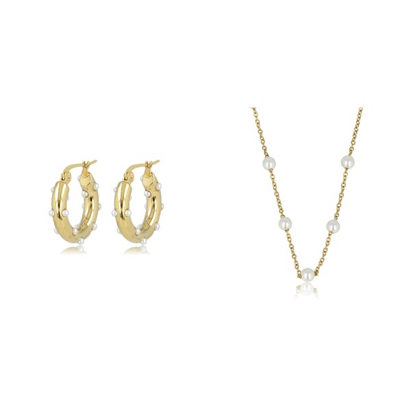 Elegant Gouden Sieradenset: Oorbellen & Ketting met Witte Parels, Nikkelvrij Stainless Steel. Voeg Luxe Toe aan Jouw Stijl - Ontdek Nu bij My Bendel!