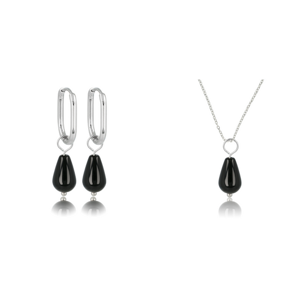 Stijlvolle Zilveren Oorbellen & Ketting met Onyx in Nikkelvrij Staal - Voeg Elegantie Toe aan Jouw Look! - My Bendel