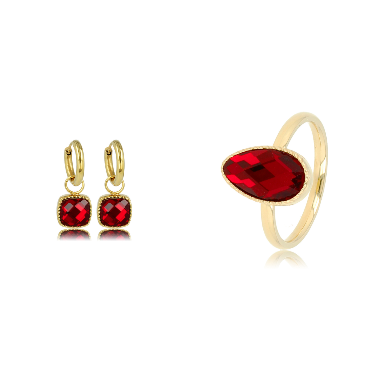 Stijlvolle Gouden Set: Ring & Oorbellen met Rode Glassteen, Nikkelvrij Stainless Steel - Ontdek de Elegantie bij My Bendel!