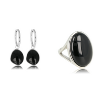 Onyx Elegance: Zilveren Statement Ring & Oorbellen in Nikkelvrij Staal - Ontdek de Stijl! - My Bendel