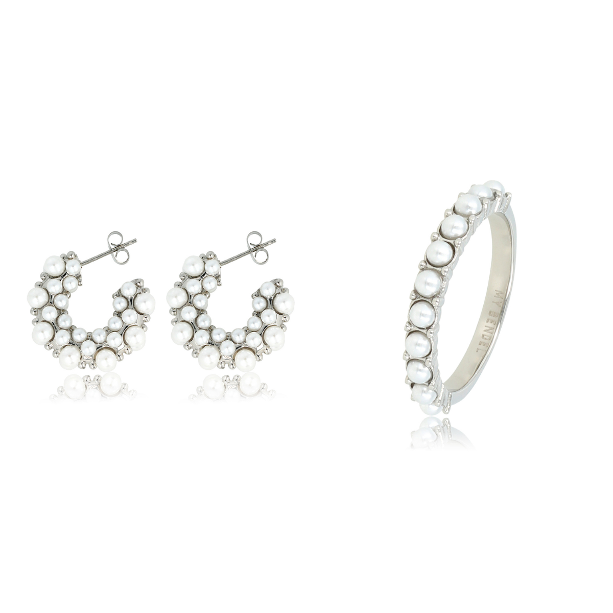 Elegante Vintage Stijl: Zilveren Ring & Oorbellen met Witte Parel, Nikkelvrij Roestvrij Staal - Ontdek de Luxe van My Bendel!