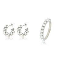 Elegante Vintage Stijl: Zilveren Ring & Oorbellen met Witte Parel, Nikkelvrij Roestvrij Staal - Ontdek de Luxe van My Bendel!
