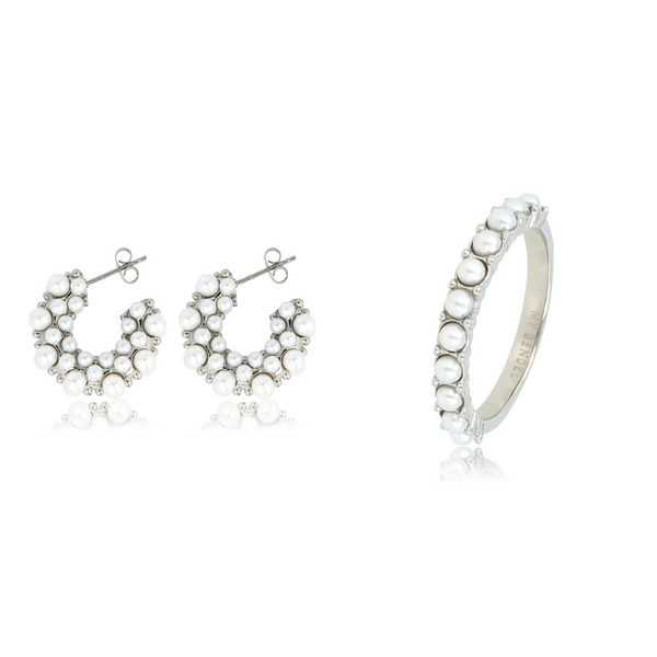 Elegante Vintage Stijl: Zilveren Ring & Oorbellen met Witte Parel, Nikkelvrij Roestvrij Staal - Ontdek de Luxe van My Bendel!