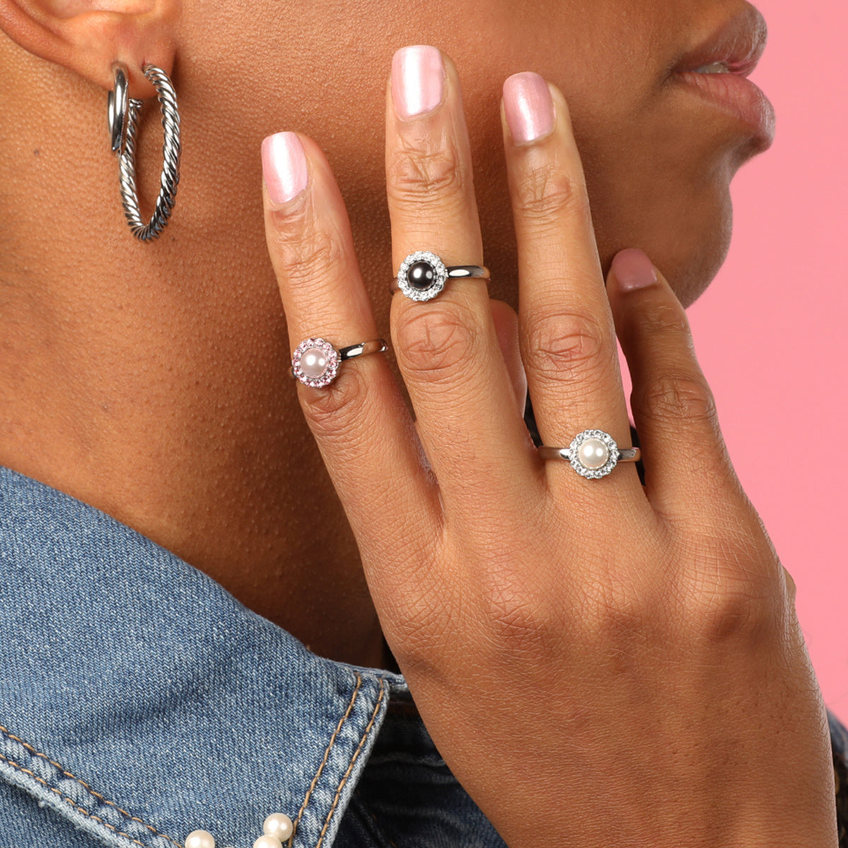 Zilveren ring - witte parel - zirkonia steentjes